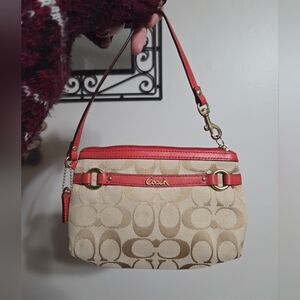 Y2K Coach Orange Leather/Tan Fabric Signature Jacquard Wristlet